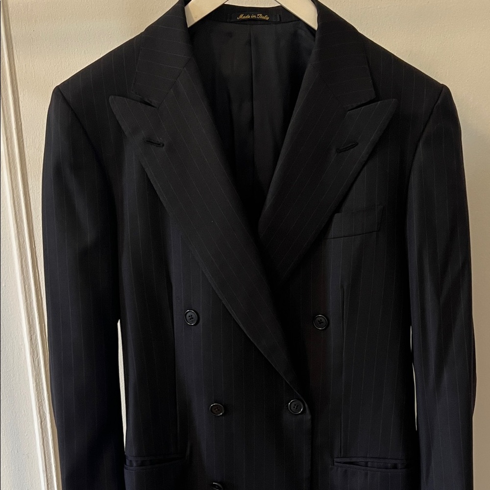 Dark navy pinstripe Double-Breasted Blazer with Loro Piana wool.